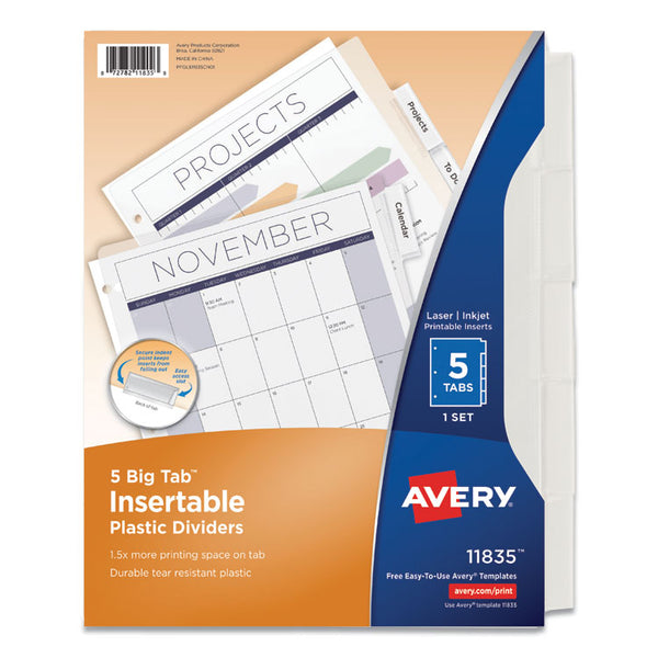 Avery® Insertable Big Tab Plastic Dividers, 5-Tab, 11 x 8.5, Clear, 1 Set (AVE11835)