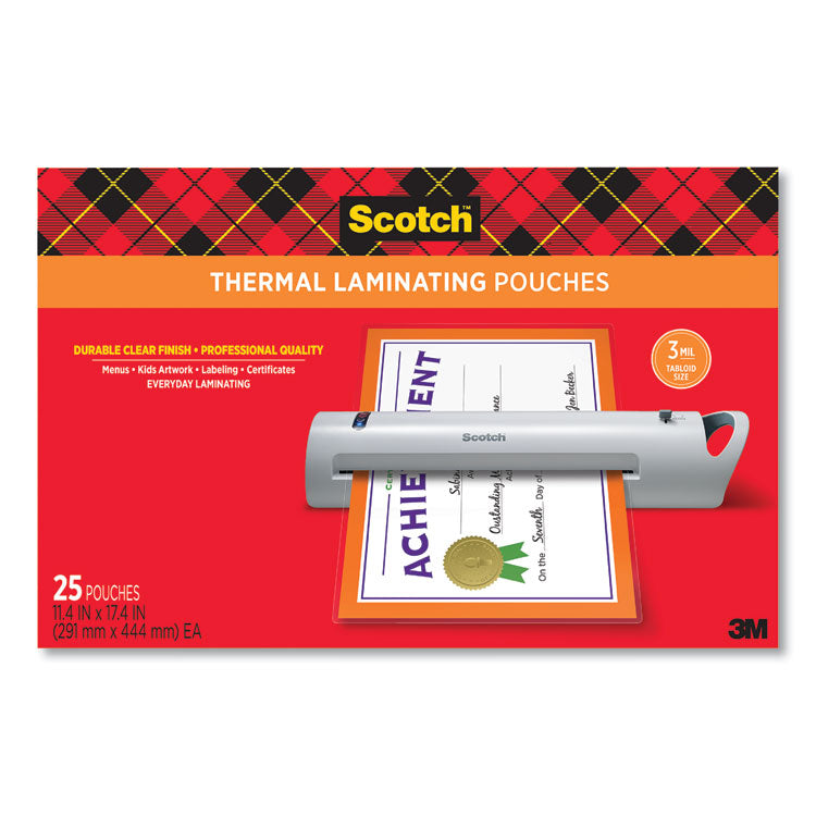 Scotch™ Laminating Pouches, 3 mil, 11.5" x 17.5", Gloss Clear, 25/Pack (MMMTP385625)
