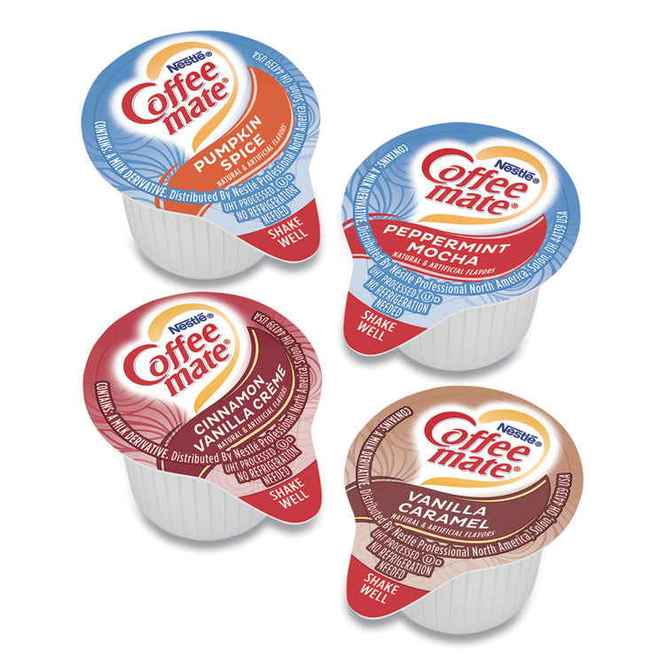 Coffee mate® Liquid Coffee Creamer, Cinnamon/Peppermint/Pumpkin/Vanilla, 0.38oz Mini Cups, 50/PK,4 PK/CT, Ships in 1-3 Business Days (GRR70000093)