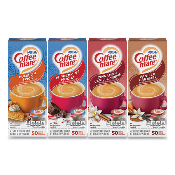 Coffee mate® Liquid Coffee Creamer, Cinnamon/Peppermint/Pumpkin/Vanilla, 0.38oz Mini Cups, 50/PK,4 PK/CT, Ships in 1-3 Business Days (GRR70000093)