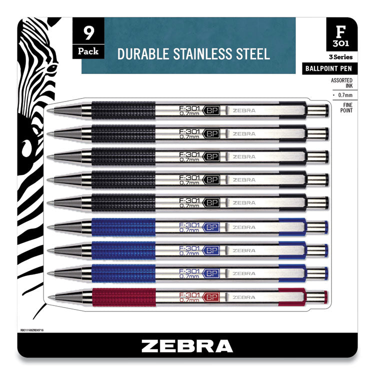 Zebra® F-301 Ballpoint Pen, Retractable, Fine 0.7 mm, Assorted Ink and Barrel Colors, 9/Pack (ZEB11169)