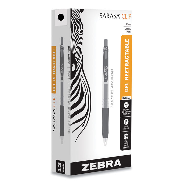 Zebra® Sarasa Clip Gel Pen, Retractable, Medium 0.7 mm, Black Ink, Clear/Black Barrel, 12/Pack (ZEB48710) 1 Dozen