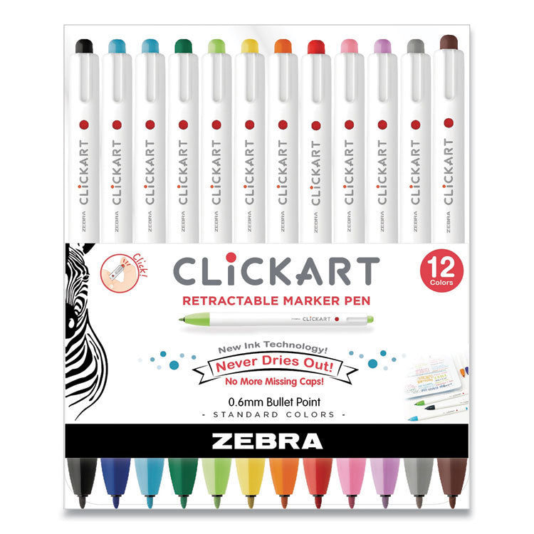 Zebra® ClickArt Porous Point Pen, Retractable, Fine 0.6 mm, Assorted Ink and Barrel Colors, 12/Pack (ZEB69012)