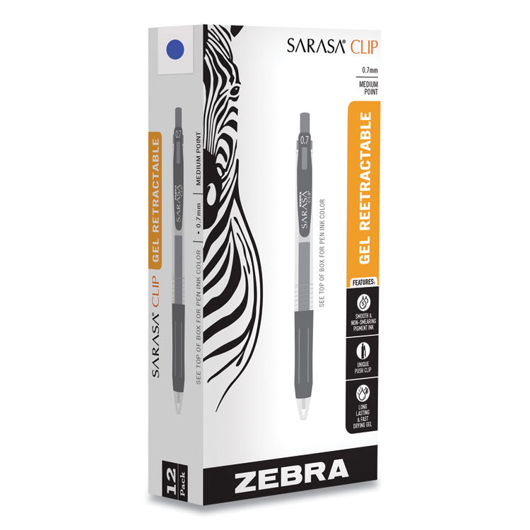 Zebra® Sarasa Clip Gel Pen, Retractable, Medium 0.7 mm, Blue Ink, Clear/Blue Barrel, 12/Pack (ZEB48720)