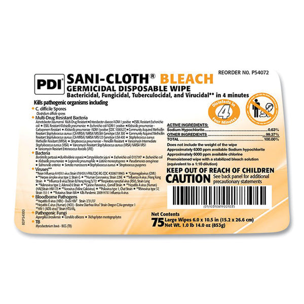 Sani Professional® Sani-Cloth Bleach Germicidal Disposable Wipes, Deep-Well Lid Canister, 10.5 x 6, 75/Canister (NICP54072PK)