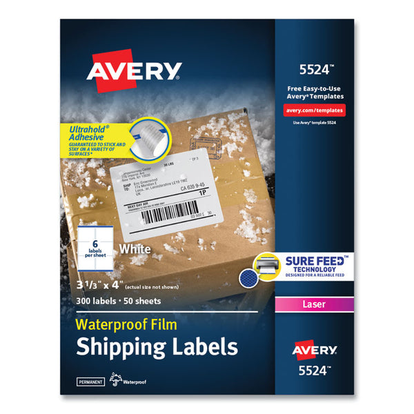 Avery® Waterproof Shipping Labels with TrueBlock and Sure Feed, Laser Printers, 3.33 x 4, White, 6/Sheet, 50 Sheets/Pack (AVE5524)