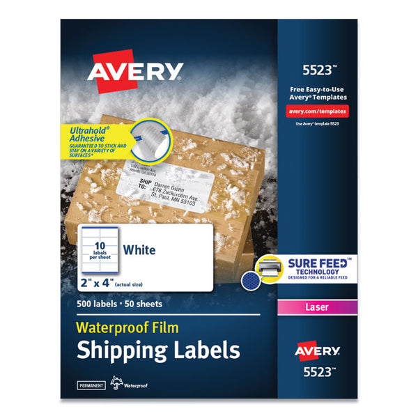 Avery® Waterproof Shipping Labels with TrueBlock and Sure Feed, Laser Printers, 2 x 4, White, 10/Sheet, 50 Sheets/Pack (AVE5523)