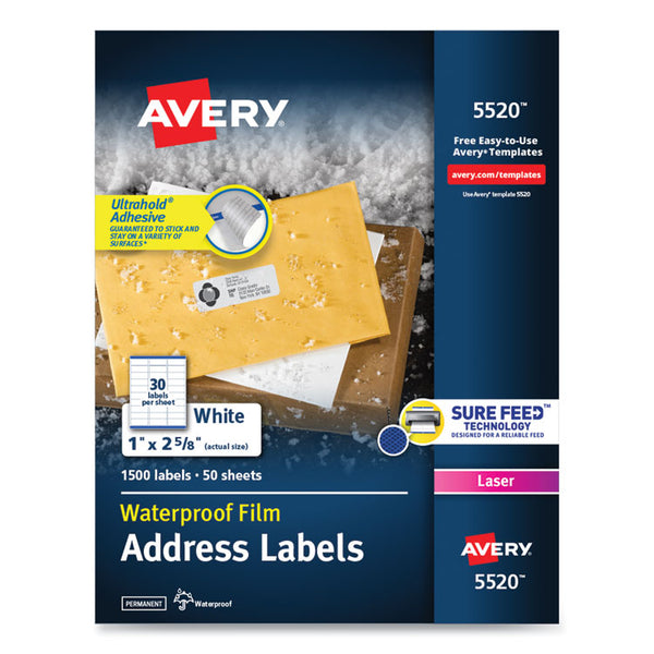 Avery® Waterproof Address Labels with TrueBlock and Sure Feed, Laser Printers, 1 x 2.63, White, 30/Sheet, 50 Sheets/Pack (AVE5520)