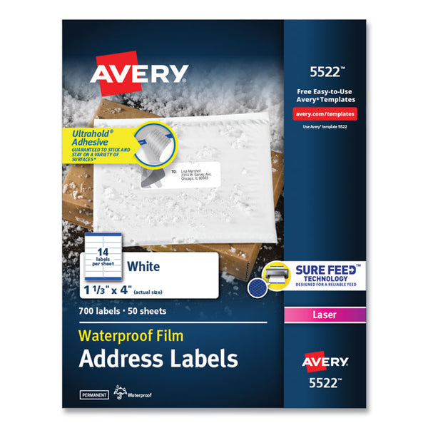 Avery® Waterproof Address Labels with TrueBlock and Sure Feed, Laser Printers, 1.33 x 4, White, 14/Sheet, 50 Sheets/Pack (AVE5522)