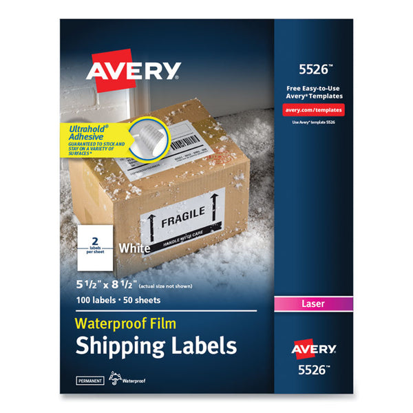 Avery® Waterproof Shipping Labels with TrueBlock Technology, Laser Printers, 5.5 x 8.5, White, 2/Sheet, 50 Sheets/Pack (AVE5526)