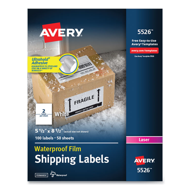 Avery® Waterproof Shipping Labels with TrueBlock Technology, Laser Printers, 5.5 x 8.5, White, 2/Sheet, 50 Sheets/Pack (AVE5526)