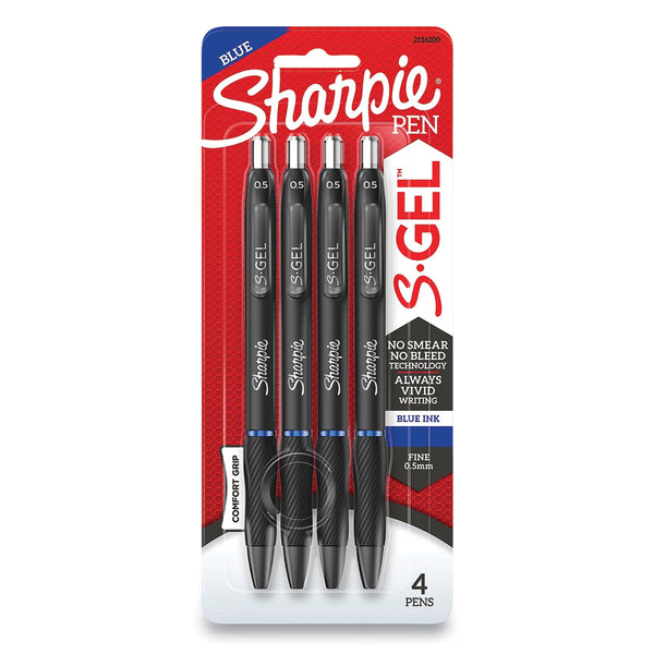 Sharpie S-Gel High-Performance Gel Pen, Retractable, Fine 0.5 mm, Blue Ink, Black Barrel, 4/Pack (SAN2116200) Each