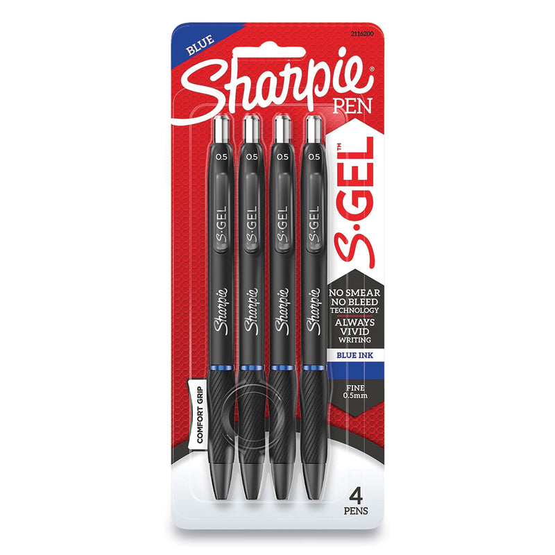 Sharpie S-Gel High-Performance Gel Pen, Retractable, Fine 0.5 mm, Blue Ink, Black Barrel, 4/Pack (SAN2116200) Each