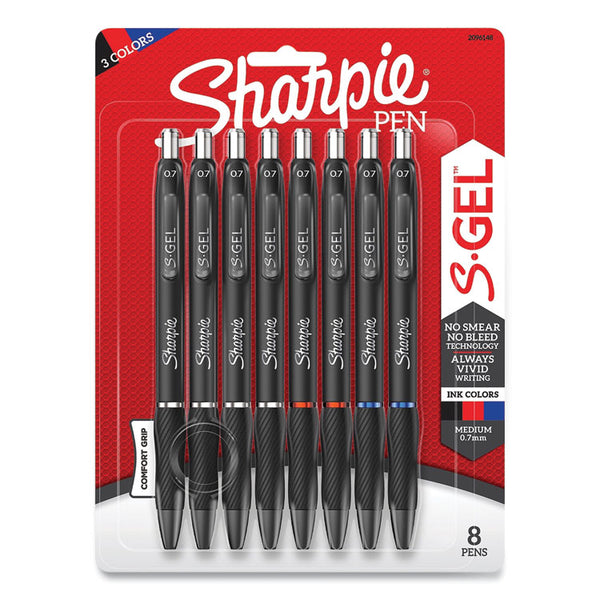 Sharpie® S-Gel™ S-Gel High-Performance Gel Pen, Retractable, Medium 0.7 mm, Three Assorted Ink Colors, Black Barrel, 8/Pack (SAN2096148)