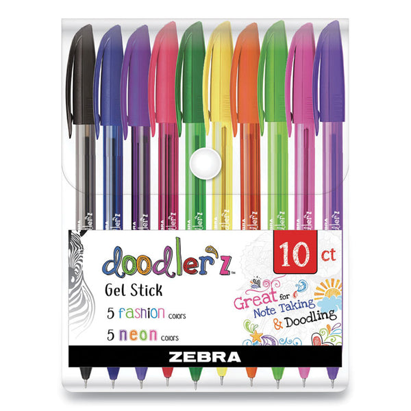 Zebra® Doodler'z Gel Pen, Stick, Bold 1 mm, Assorted Fashion/Neon Ink and Barrel Colors, 10/Pack (ZEB41810)
