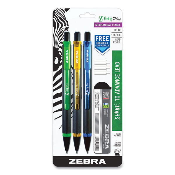 Zebra® Z-Grip Plus Mechanical Pencil, 0.7 mm, HB (#2), Black Lead, Assorted Barrel Colors, 3/Pack (ZEB55403) Each