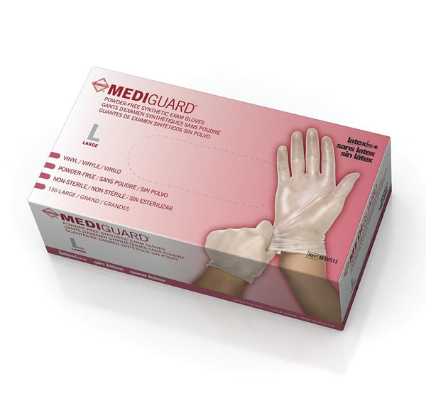 For California Only, MediGuard Powder-Free Clear Vinyl Exam Gloves, Size L, 150/BX (6MSV513H) Box of 150