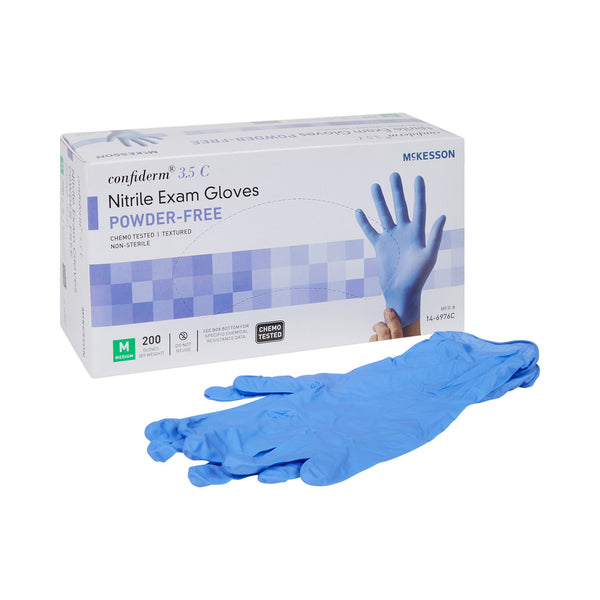 McKesson Confiderm® 3.5C Exam Glove Medium NonSterile Nitrile Standard Cuff Length Textured Fingertips Blue Chemo Tested (765875_BX) 200/BX