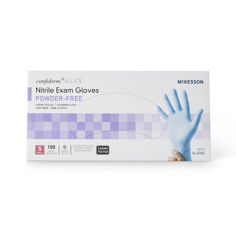 McKesson Confiderm® 6.5CX Exam Glove Small NonSterile Nitrile Extended Cuff Length Textured Fingertips Blue Chemo Tested (921606_CS) 1000/CS