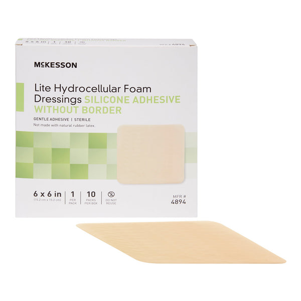McKesson Lite Thin Foam Dressing 6 X 6 Inch Without Border Film Backing Silicone Gel Adhesive Square Sterile (1083094_BX) 10/BX