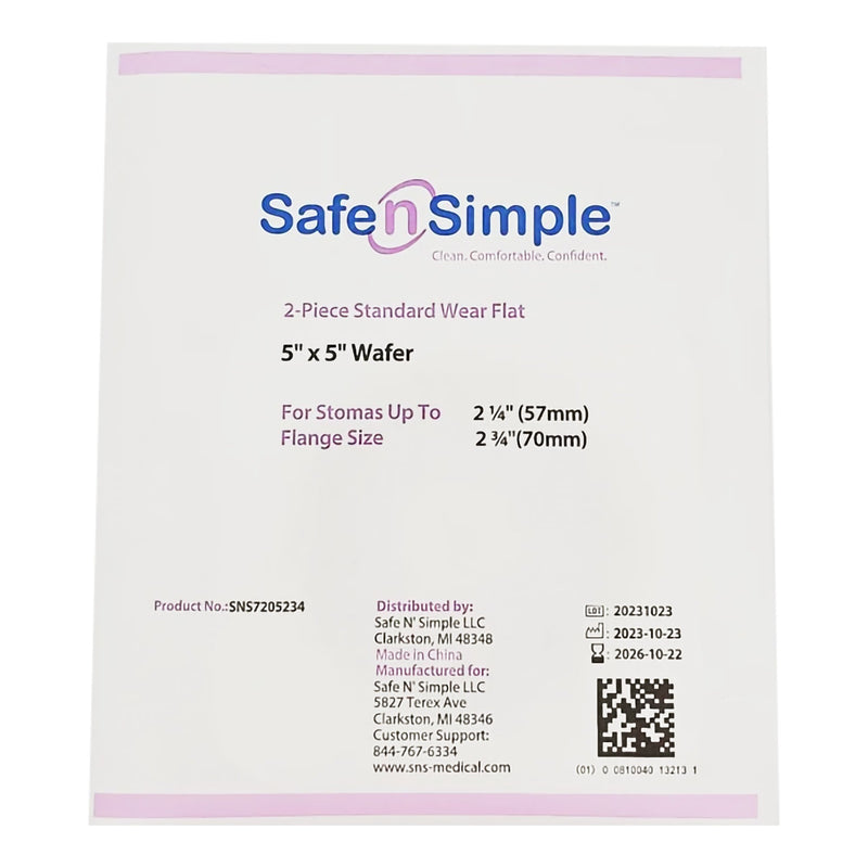 Safe n Simple™ Ostomy Barrier Trim to Fit, Standard Wear Flexible Tape 70 mm Flange Up to 2-1/4 Inch Opening 5 X 5 Inch (1243979_BX) 10/BX