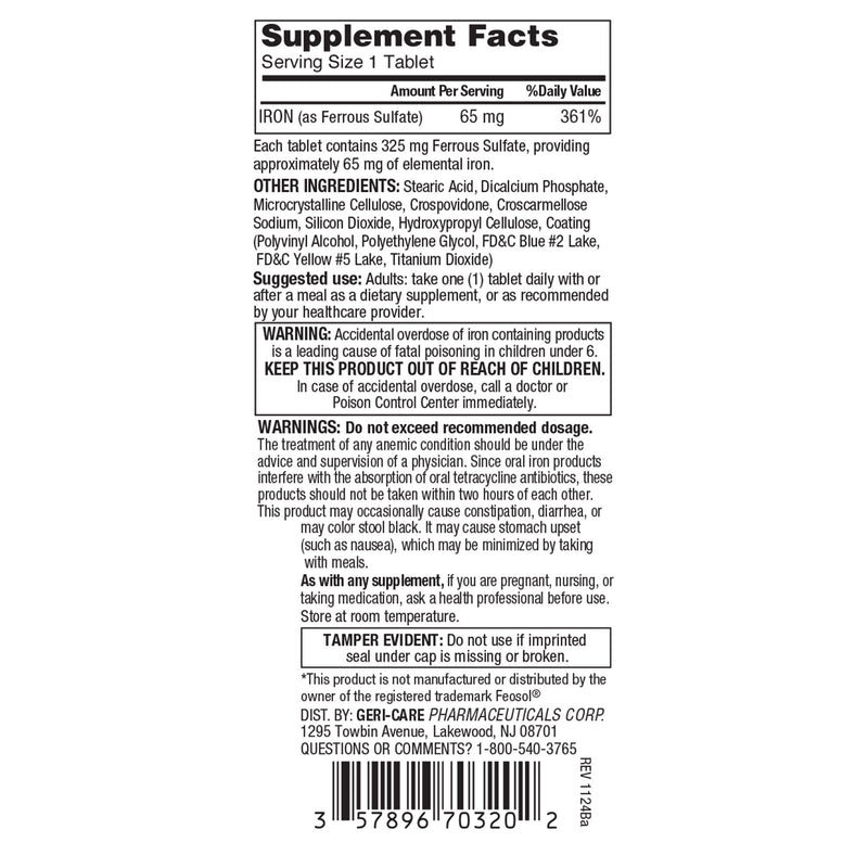 Geri-Care® Mineral Supplement Iron 325 mg Strength Tablet 200 per Bottle (1150846_CS) 12/CS