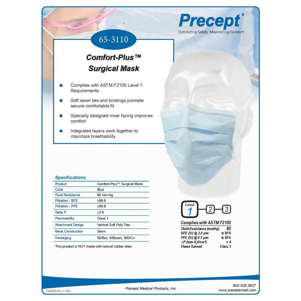 Precept® Comfort-Plus™ Surgical Mask ASTM Level 1 Tie Closure One Size Fits Most (554759_BX) 50/BX