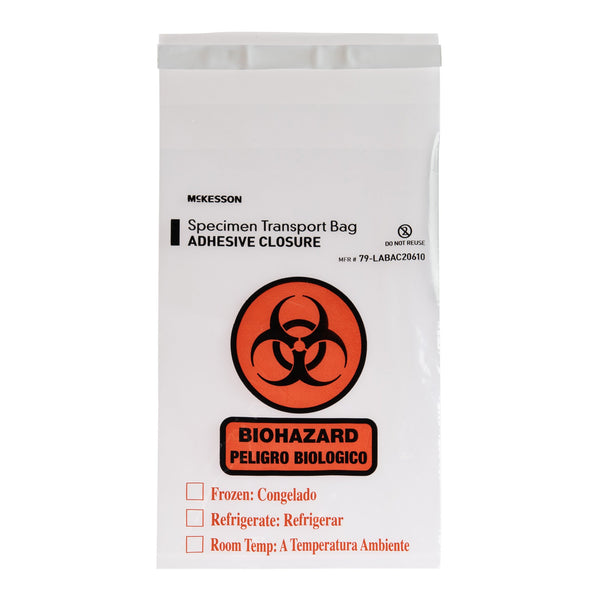 McKesson Specimen Transport Bag with Document Pouch 6 X 10 Inch Adhesive Closure Biohazard Symbol / Storage Instructions NonSterile (524350_CS) 10/CS