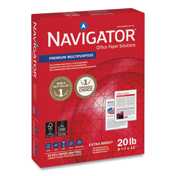 Navigator® Premium Multipurpose Copy Paper, 97 Bright, 20 lb Bond Weight, 8.5 x 11, White, 500 Sheets/Ream, 5 Reams/Carton (SNANMP115R) Case of 5