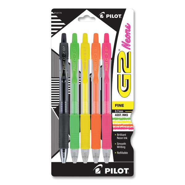 Pilot® G2 Neon Gel Pen, Retractable, Fine 0.7 mm, Assorted Neon Ink and Barrel Colors, 5/Pack (PIL14174)