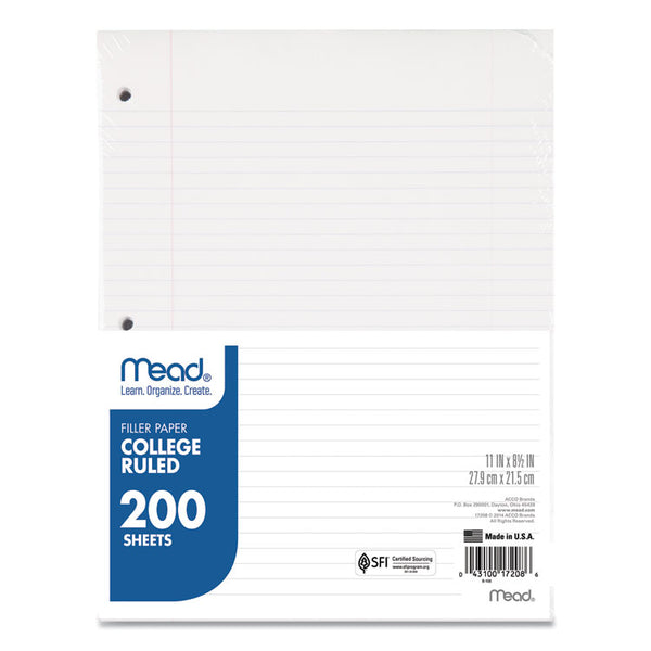 Mead® Filler Paper, 3-Hole, 8.5 x 11, College Rule, 200/Pack (MEA17208)