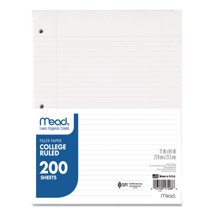 Mead® Filler Paper, 3-Hole, 8.5 x 11, College Rule, 200/Pack (MEA17208) Pack of 200