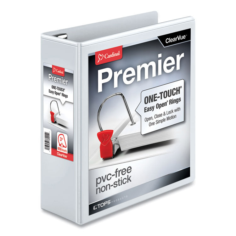 Cardinal® Premier Easy Open ClearVue Locking Slant-D Ring Binder, 3 Rings, 3" Capacity, 11 x 8.5, White (CRD10330) Each