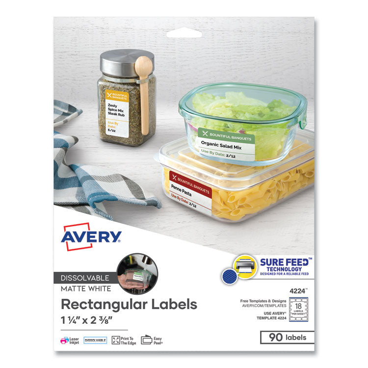 Avery® White Dissolvable Labels w/ Sure Feed, 1.25 x 2.38, White, 90/PK (AVE4224) Pack of 90