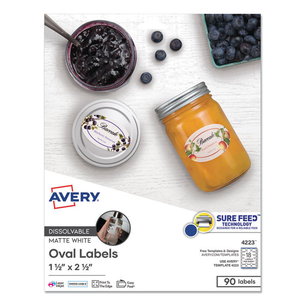 Avery® White Dissolvable Labels w/ Sure Feed, 1.5 x 2.5, Oval, White, 90/PK (AVE4223)