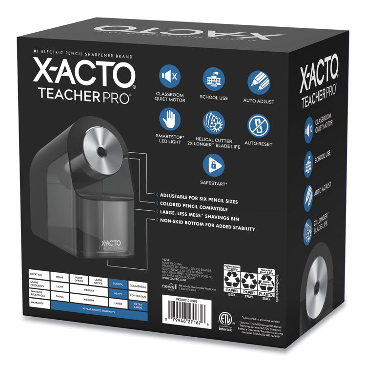 X-ACTO® Model 1675 TeacherPro Classroom Electric Pencil Sharpener, AC-Powered, 4 x 7.5 x 8, Black/Silver/Smoke (EPI1675X)