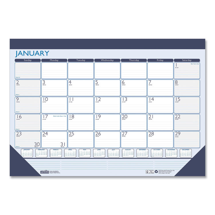 House of Doolittle™ Recycled Contempo Desk Pad Calendar, 22 x 17, White/Blue Sheets, Blue Binding, Blue Corners, 12-Month (Jan to Dec): 2026 (HOD151) Each