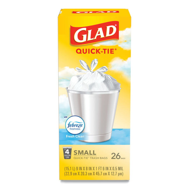 Glad® OdorShield Quick-Tie Small Trash Bags, 4 gal, 0.5 mil, 8" x 18", White, 26 Bags/Box, 6 Boxes/Carton (CLO78812)