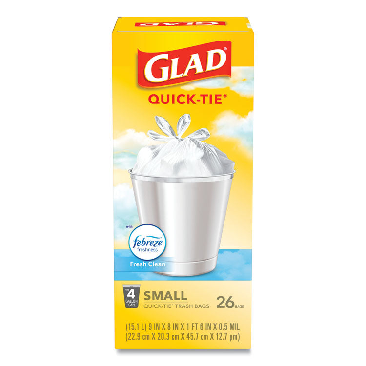 Glad® OdorShield Quick-Tie Small Trash Bags, 4 gal, 0.5 mil, 8" x 18", White, 26 Bags/Box, 6 Boxes/Carton (CLO78812)