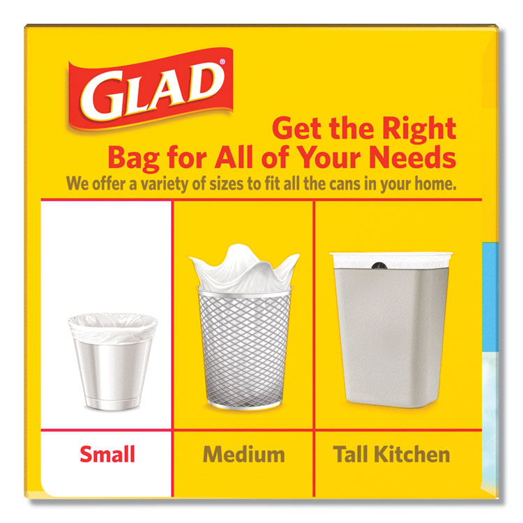 Glad® OdorShield Quick-Tie Small Trash Bags, 4 gal, 0.5 mil, 8" x 18", White, 26 Bags/Box, 6 Boxes/Carton (CLO78812)