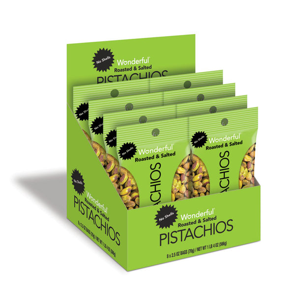 Paramount Farms® Wonderful Pistachios, Dry Roasted and Salted, 2.5 oz, 8/Box (PAM070146A25M) Box of 8