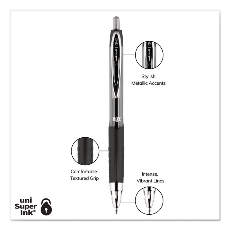 uniball® Signo 207 Gel Pen, Retractable, Medium 0.7 mm, Black Ink, Clear/Black Barrel, 8/Pack (UBC1756584) Pack of 8