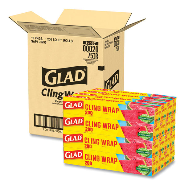 Glad® ClingWrap Plastic Wrap, 200 Square Foot Roll, Clear, 12 Rolls/Carton (CLO00020CT)