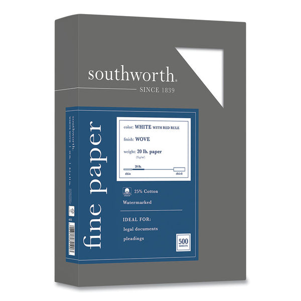 Southworth® 25% Cotton Business Paper, Red Margin Rule, 95 Bright, 20 lb Bond Weight, 8.5 x 11, White, 500 Sheets/Ream (SOU403CR)