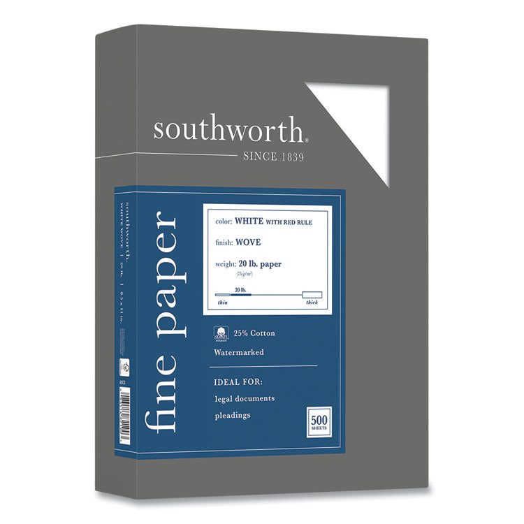 Southworth® 25% Cotton Business Paper, Red Margin Rule, 95 Bright, 20 lb Bond Weight, 8.5 x 11, White, 500 Sheets/Ream (SOU403CR) Each