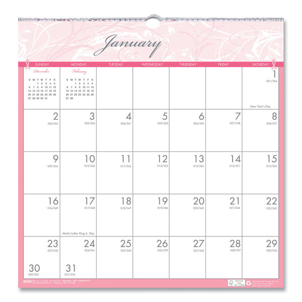 House of Doolittle™ Recycled Monthly Wall Calendar, Breast Cancer Awareness Artwork, 12 x 12, White/Pink/Gray Sheets, 12-Month (Jan-Dec): 2026 (HOD3671) Each