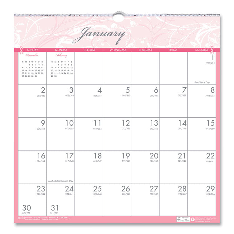 House of Doolittle™ Recycled Monthly Wall Calendar, Breast Cancer Awareness Artwork, 12 x 12, White/Pink/Gray Sheets, 12-Month (Jan-Dec): 2026 (HOD3671) Each