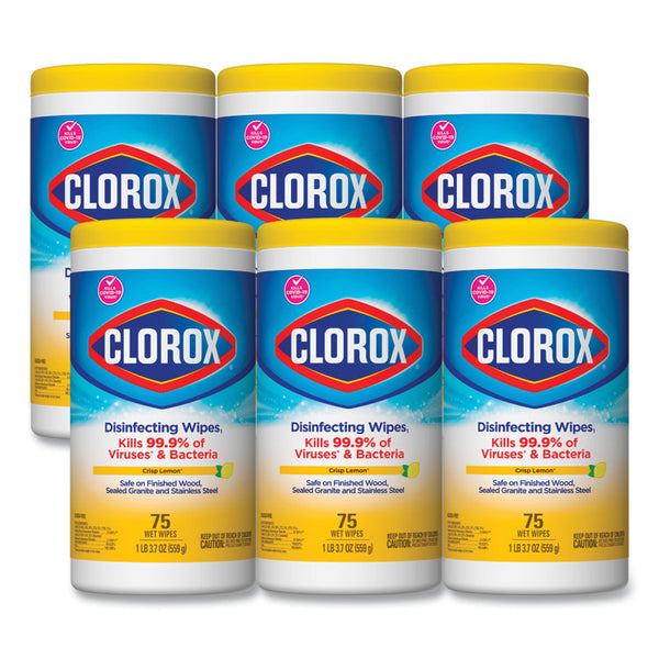 Clorox® Disinfecting Wipes, 1-Ply, 7 x 7.75, Crisp Lemon, White, 75/Canister, 6 Canisters/Carton (CLO01628)