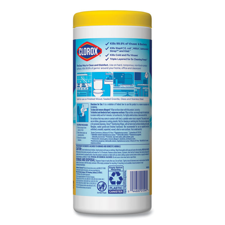 Clorox® Disinfecting Wipes, 1-Ply, 7 x 8, Crisp Lemon, White, 35/Canister, 12 Canisters/Carton (CLO01594CT)