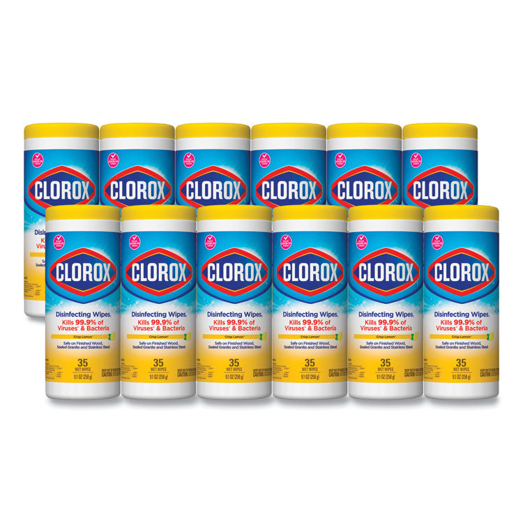 Clorox® Disinfecting Wipes, 1-Ply, 7 x 8, Crisp Lemon, White, 35/Canister, 12 Canisters/Carton (CLO01594CT)